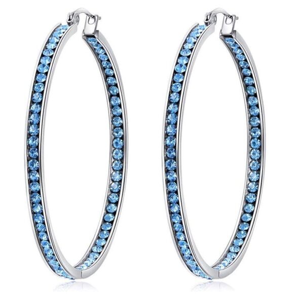 14K White Gold with Aquamarine Blue Cubic Zirconia Big Hoop Latch Back Earrings - Picture 1 of 6